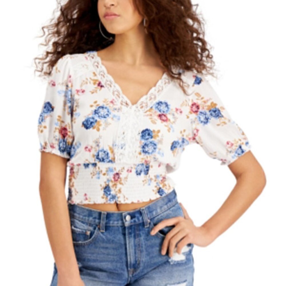 JR259 Crave Fame White Combo Juniors' Floral Printed Cropped Top Size L